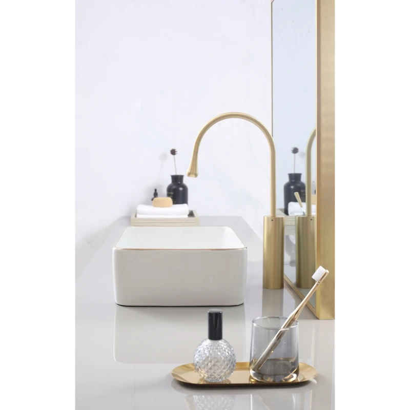 Simplie Fun White with gold trim Vessel Bathroom Sink Basin in White Ceramic Single Basin Ceramic Farmhouse Kitchen Sink with Basket Strainer