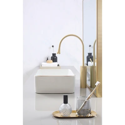 Simplie Fun White with gold trim Vessel Bathroom Sink Basin in White Ceramic Single Basin Ceramic Farmhouse Kitchen Sink with Basket Strainer