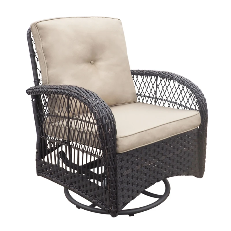 3 Pieces Conversation Set, Outdoor Wicker Rocker Swivel Patio Bistro Set, Rocking Chair with Glass Top Side Table, Khaki