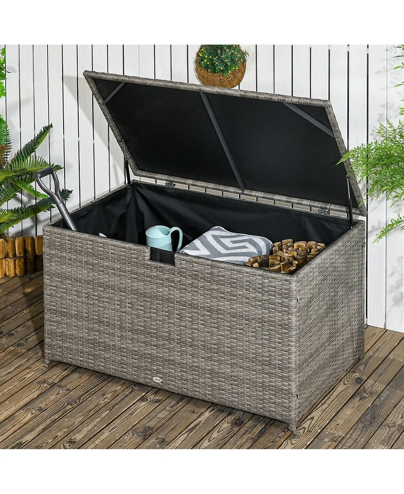 113 Gallon Deck Box, Rattan Outdoor Storage Box, Waterproof Storage Container for Indoor, Patio Furniture Cushions, Pool Toys, Garden Tools, Gray