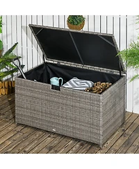 113 Gallon Deck Box, Rattan Outdoor Storage Box, Waterproof Storage Container for Indoor, Patio Furniture Cushions, Pool Toys, Garden Tools, Gray