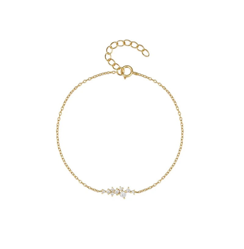 Hollywood Sensation 18K Gold Plated Sterling Silver Chain Link Bracelet with Round Cut Cubic Zirconia Cluster