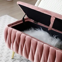 Oval Storage Bench with Gold Legs, Velvet Fabric Upholstered Ottoman Storage Benches for Bedroom End of Bed, Sherpa Fabric Bench for Living Room, Dini