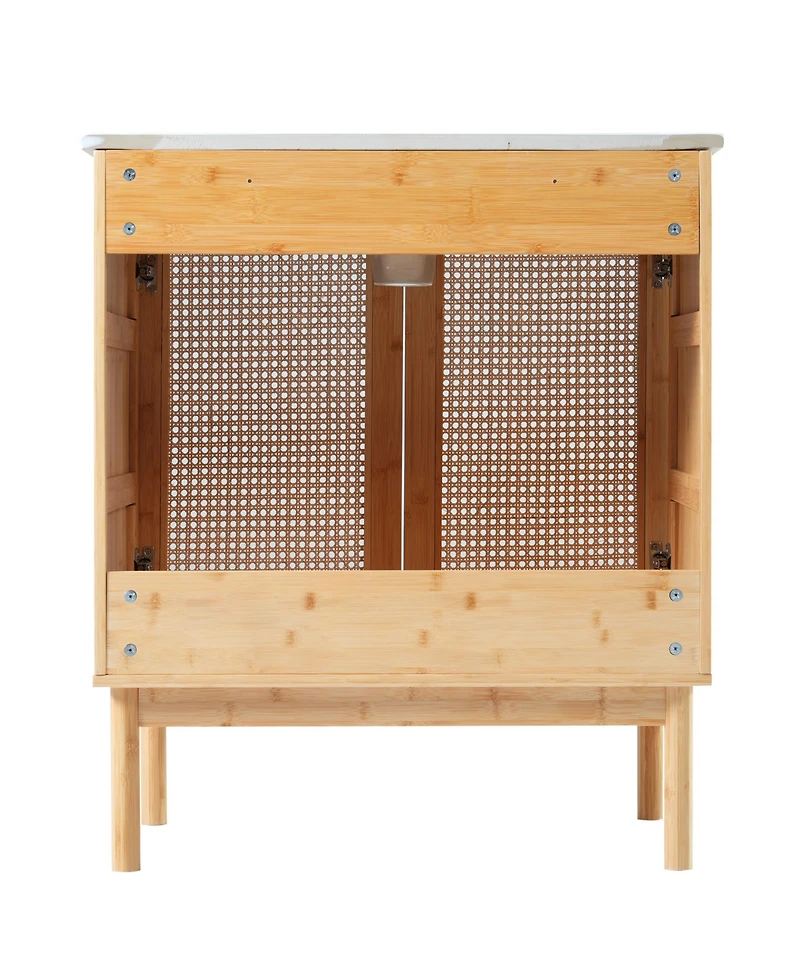 30-inch bathroom vanity crafted from natural materials, featuring handmade rattan doors and soft-closing mechanisms