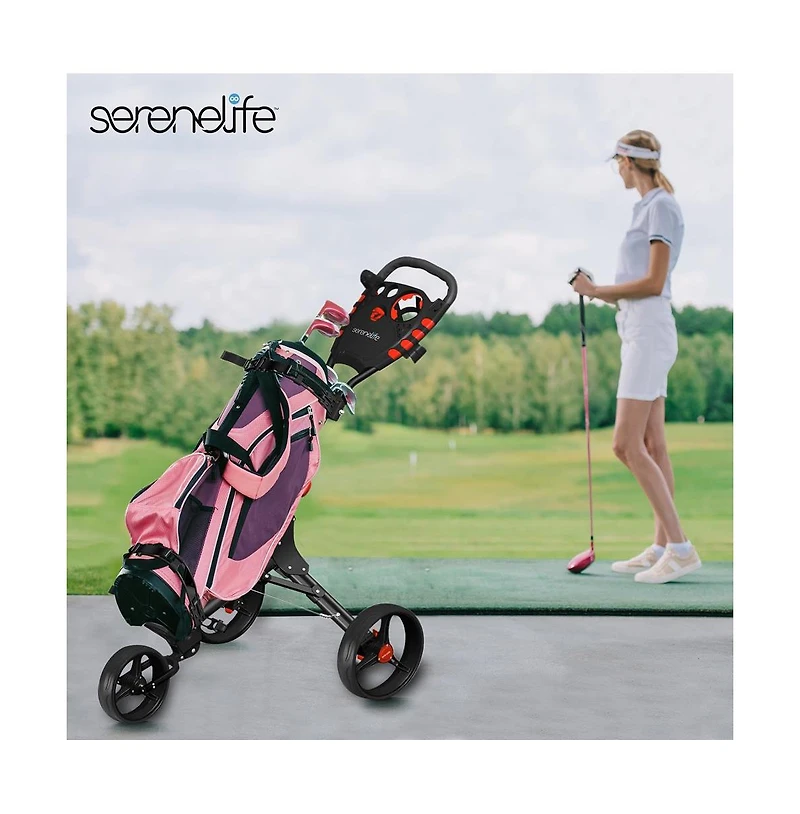 SereneLife Foldable 3-Wheel Golf Push Cart with Scorecard and Cup Holder
