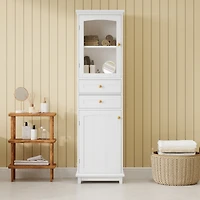 63" Tall Bathroom Storage Cabinet with Glass Doors, Free-Standing, Two Drawers, and Adjustable Shelves, Mdf Board