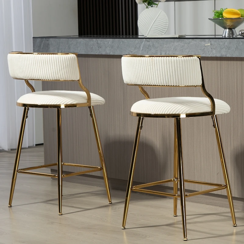 Streamdale Furniture (Set of 2) 26" Counter height bar stools Corduroy kitchen island counter bar stool with back, golden chromed base and footrest (B