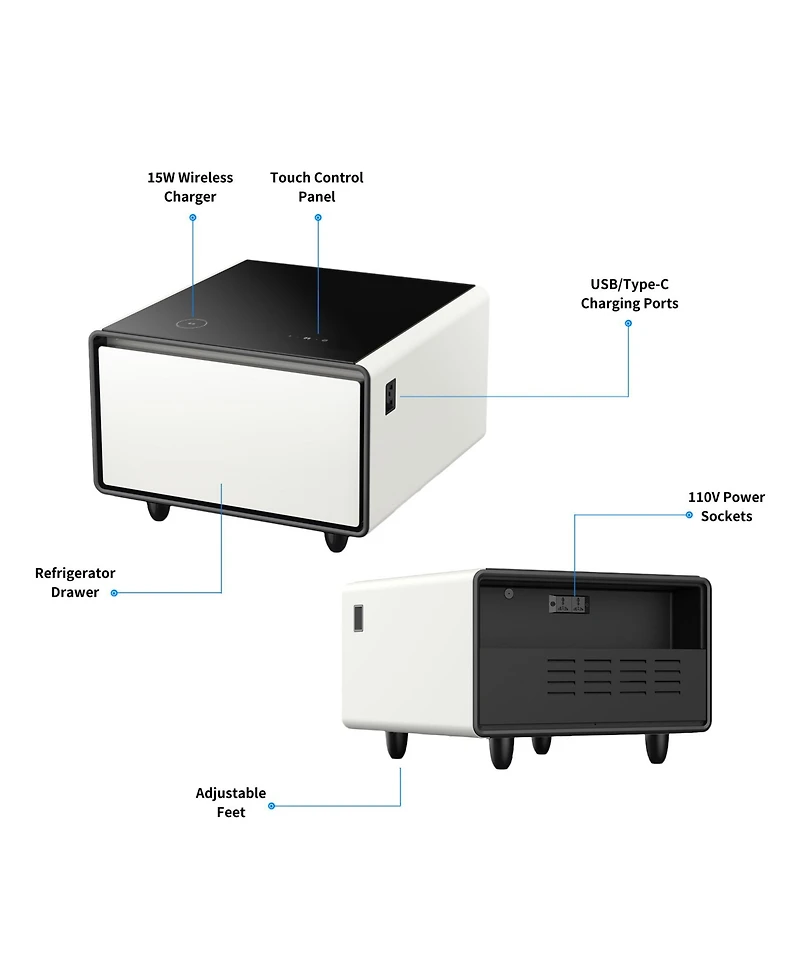 Streamdale Furniture Modern Smart Side Table with Built-in Fridge, Wireless Charging, Temperature Control, Power Socket, Usb Ports, Outlet Protection,