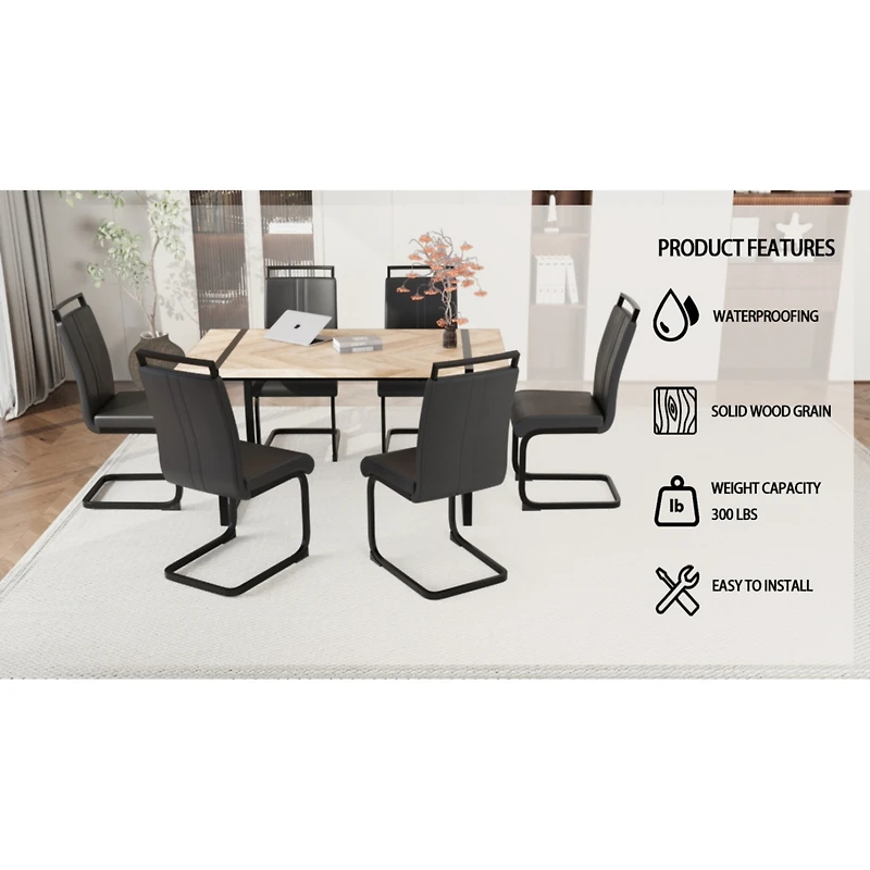 59" Rural Industrial Rectangular Mdf Light Wood Dining Table Set and Pu Armless Dining Chair Set, 6-piece. Kitchen Black Metal Table Leg Dining C
