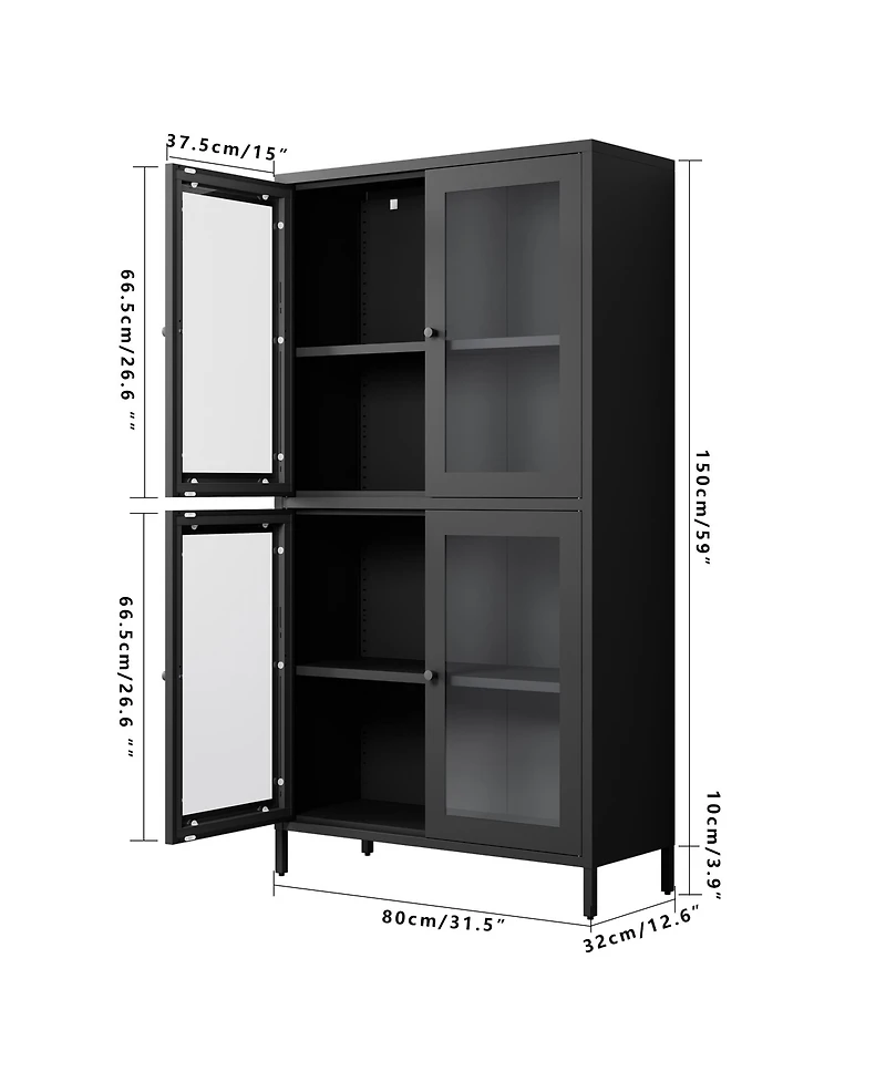Streamdale Furniture Classic Metal Storage Cabinet Display Cabinet with 4 Glass Doors 4 Shelves Cabinet Bookcase Side Cabinet for Home Office Living R