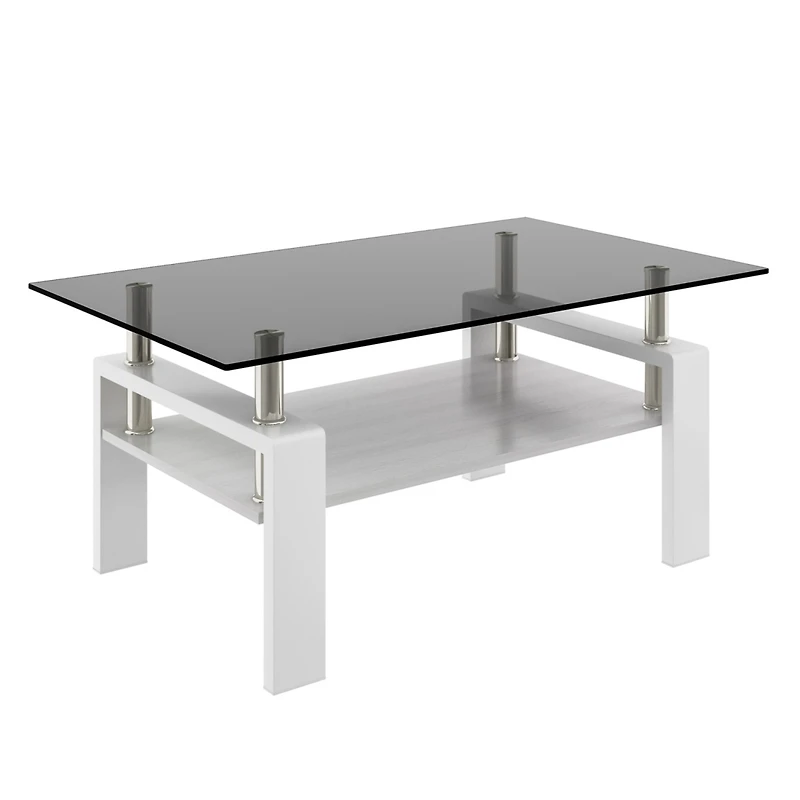 Rectangle Coffee Table, Tempered Glass Tabletop with Mdf Layer, Modern Table for Living Room, Gray Glass