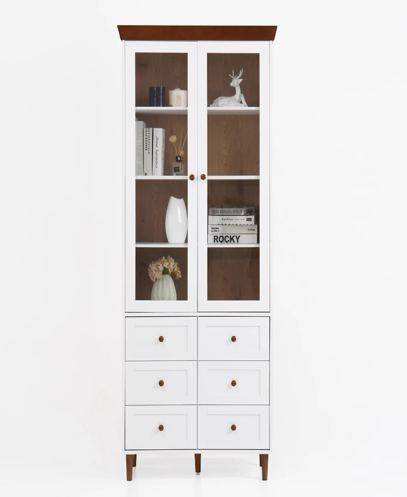 Streamdale Furniture White Mdf Display Storage Cabinet, Tall Kitchen Pantry Cabinets with Glass Doors and Adjustable Shelves, Freestanding Storage Cup