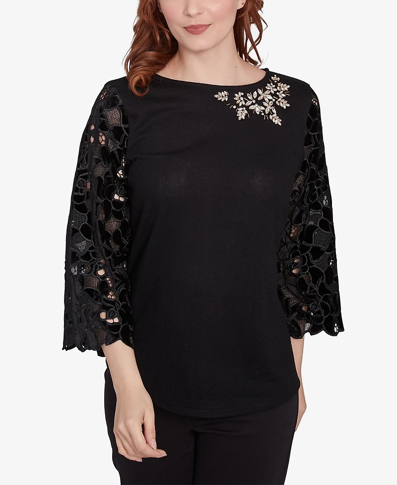Ruby Rd. Petite Velvet Rosette Lace Sleeve Bejeweled Solid Blouse
