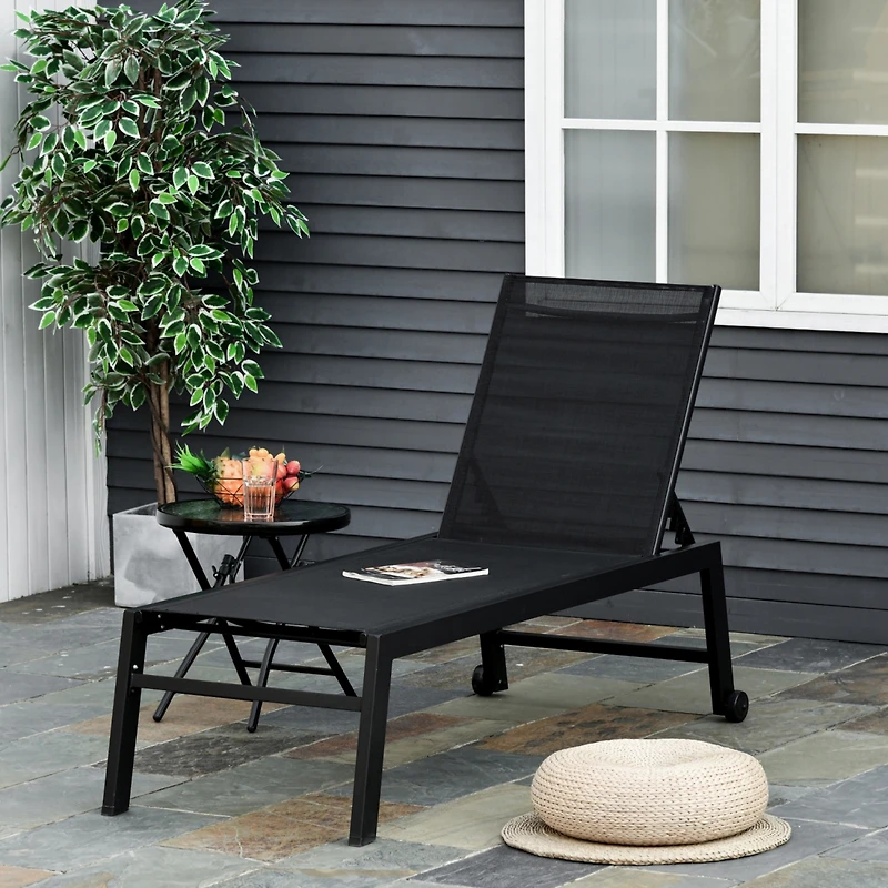 Outdoor Lounge Chair, Patio Lounger with 5-Position Reclining Backrest and 2 Wheels for Poolside, Beach, Lawn, Black