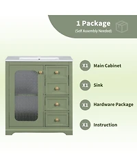 30-inch bathroom vanity with a soft close glass door, adjustable shelves, and three drawers