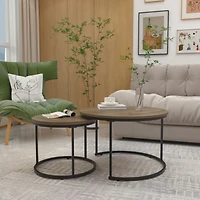 Streamdale Furniture Nesting Coffee Table Set of 2, 27.6inch Round Coffee Table Industrial Wood Finish with Sturdy Metal Frame, End Table Side Tables