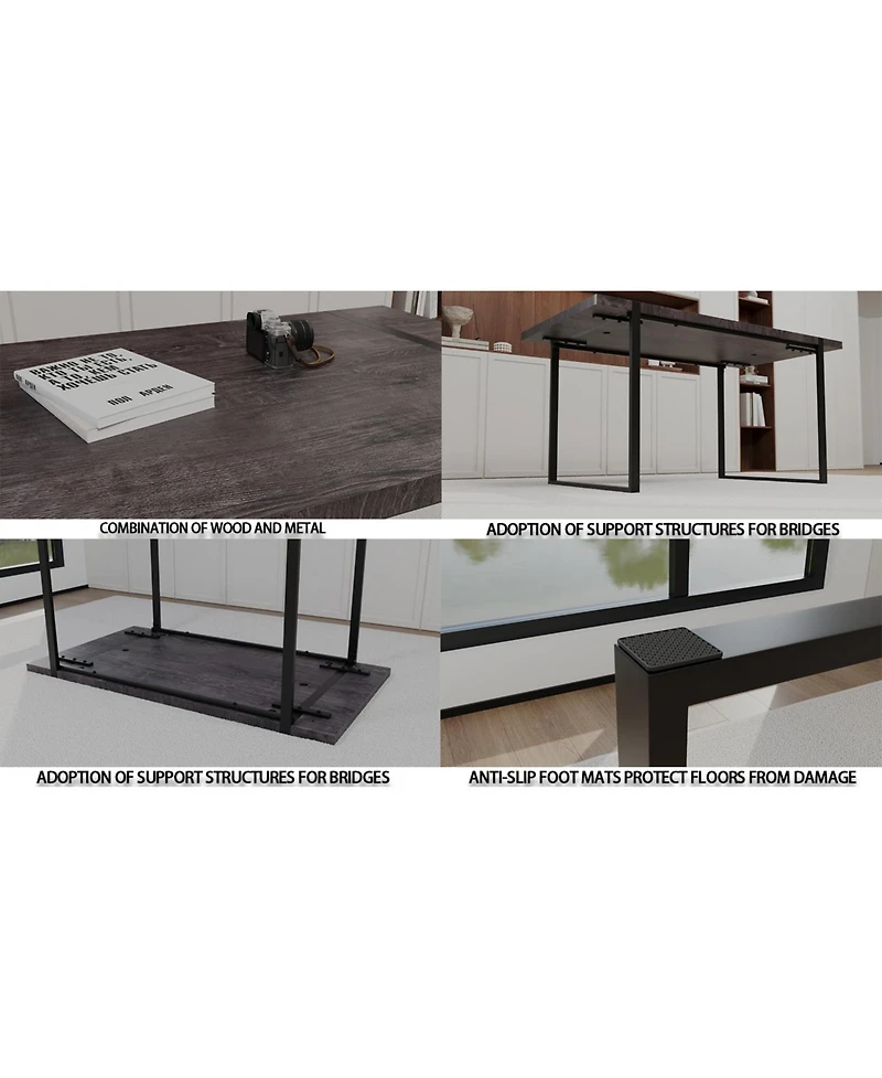 Streamdale Furniture 59" Rural Industrial Rectangular Mdf Black Dining Table Set and Pu Armless Dining Chair Set, 4 pieces. Kitchen Black Metal Table