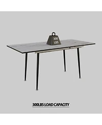 Simplie Fun 63" Mdf square white marble pattern stretchable dining table, modern industrial kitchen and dining table, equipped with tapered black meta