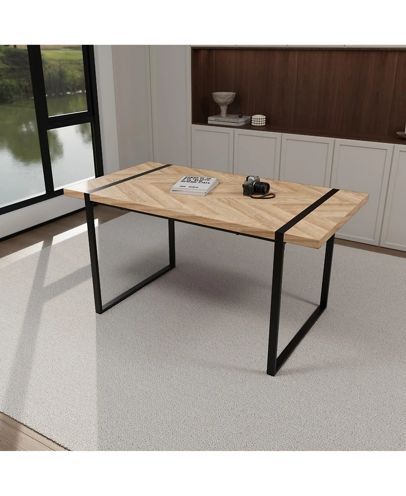 Streamdale Furniture 59" rural industrial rectangular Mdf light wood dining table, 4-6 people, 1.5" thick engineering wood tabletop and black rectangu
