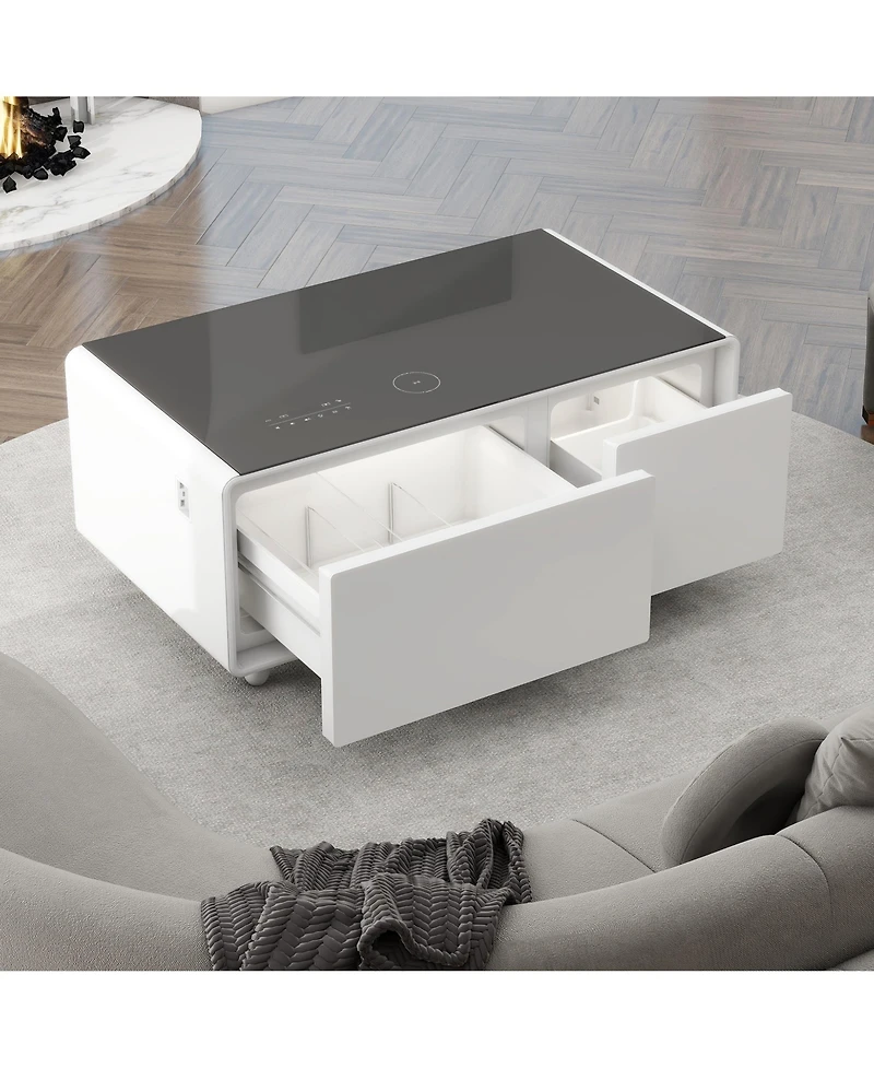 Streamdale Furniture Modern Smart Coffee Table with Built-in Fridge, Bluetooth Speaker, Wireless Charging, Touch Control Panel, Usb Ports, Outlet Prot