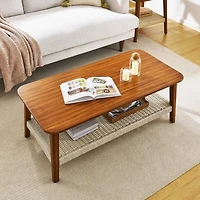 Simplie Fun 47.25" Mid-Century Coffee Table with Woven Shelf, Boho Rattan Coffee Table with Storage, Farmhouse Wood Low Rectangle Tea Table for Living