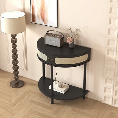 Streamdale Furniture Unique Half Moon Design End Table with Rattan Door, Elegant Semicircle Sofa Side Table with 2 Rattan Storage Cabinet and Bottom S