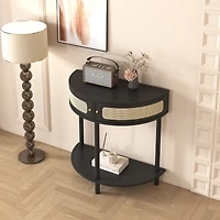 Streamdale Furniture Unique Half Moon Design End Table with Rattan Door, Elegant Semicircle Sofa Side Table with 2 Rattan Storage Cabinet and Bottom S