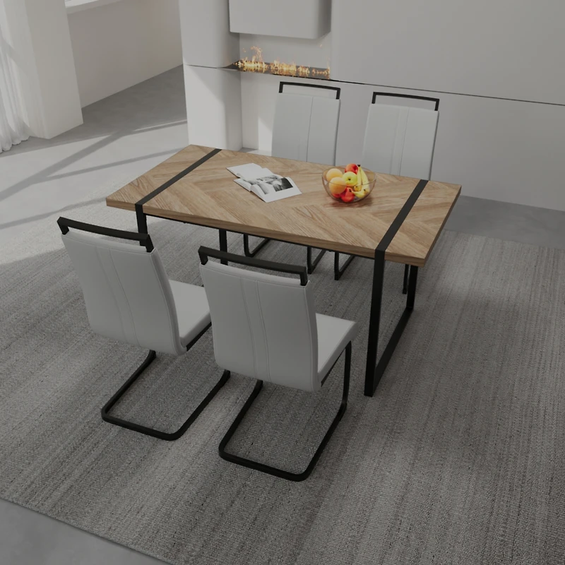 Streamdale Furniture 59" Rural Industrial Rectangular Mdf Light Wood Dining Table Set and Pu Armless Dining Chair Set, 4-piece. Kitchen Black Metal Ta