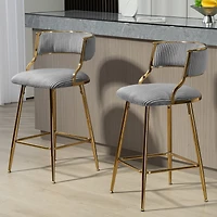Simplie Fun Set Of 2,26" Counter height bar stools Corduroy kitchen island counter bar stool with back, golden chromed base and footrest (Grey)