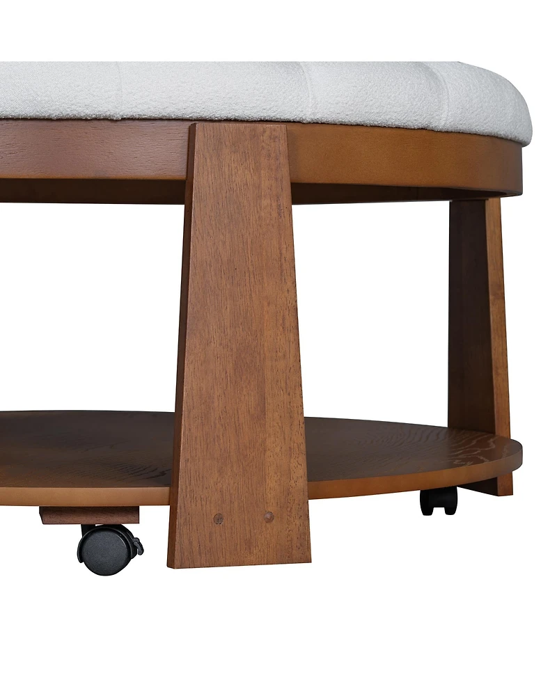 Streamdale Furniture Modern Large Round Ottoman Coffee Table 2-Tier Oversized Button Tufted Ottoman with Wood Shelf Storage Upholstered Coffee Table f