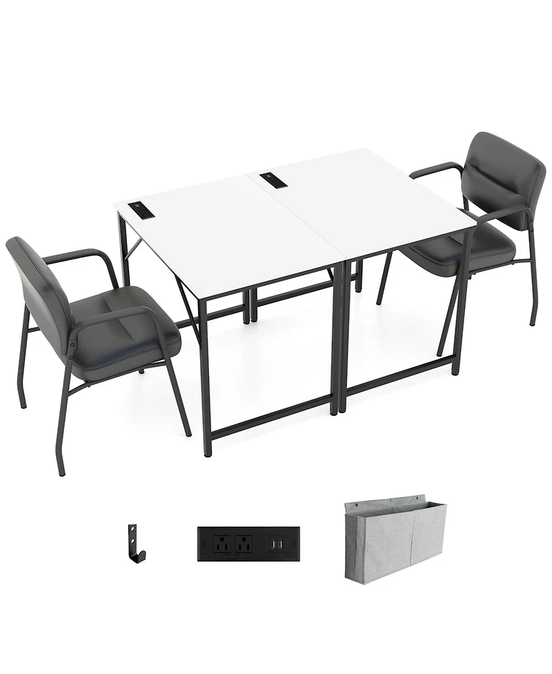 Costway 32" Meeting Room Desk Set of 2 with Charging Station & Headphone Hook Metal Frame
