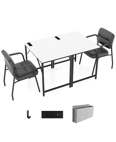 Costway 32" Meeting Room Desk Set of 2 with Charging Station & Headphone Hook Metal Frame