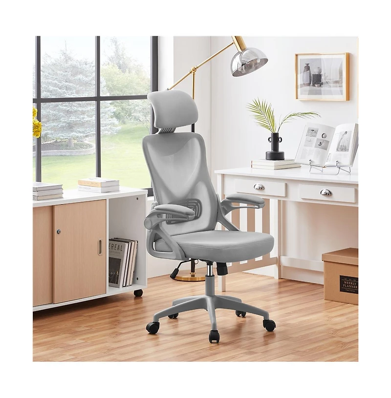 Yaheetech High Back Mesh Office Chair with 90° Flip-up Armrest, Adjustable Padded Headrest, Lumbar Support