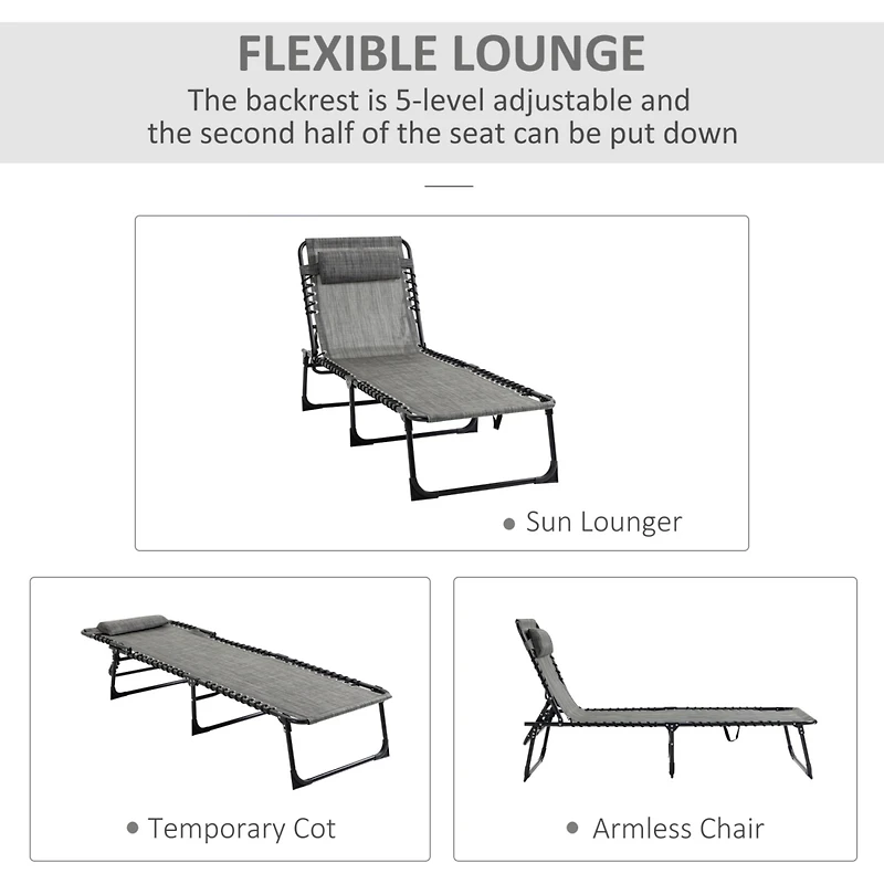 Reclining Chaise Lounge Chair, Portable Sun Lounger, Folding Camping Cot, with Adjustable Backrest and Removable Pillow, for Patio, Garden, Beach, Gre