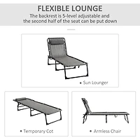 Reclining Chaise Lounge Chair, Portable Sun Lounger, Folding Camping Cot, with Adjustable Backrest and Removable Pillow, for Patio, Garden, Beach, Gre