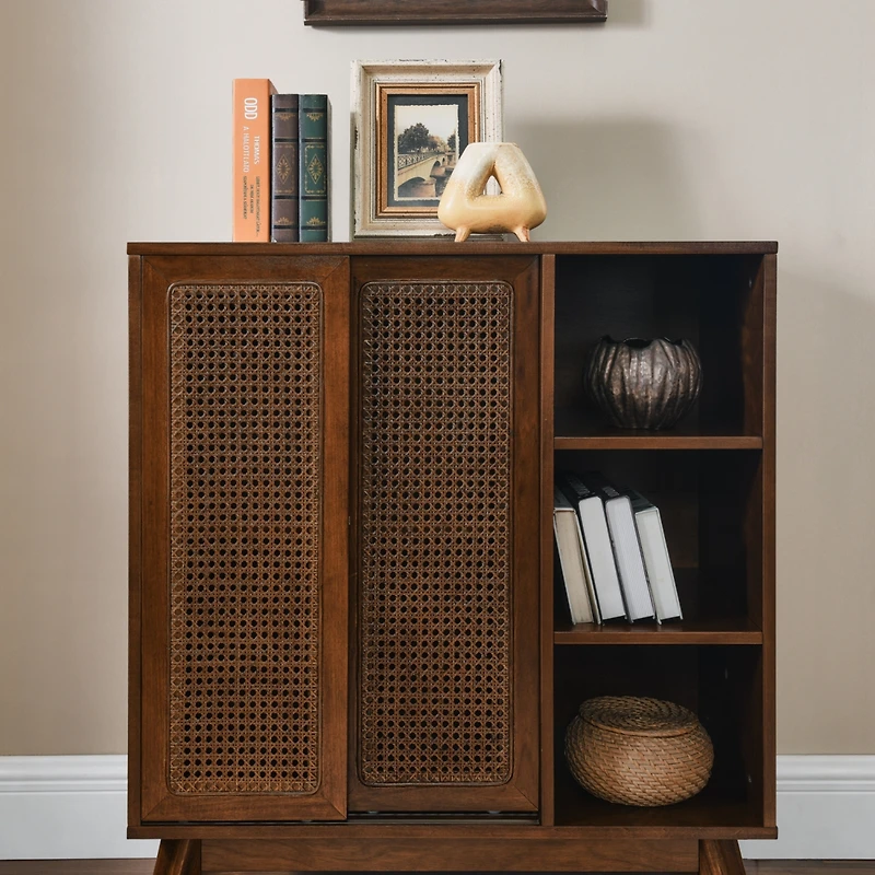 Streamdale Mid Century Rattan Sideboard, Adjustable Shelf, Dark Wood