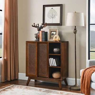 Streamdale Mid Century Rattan Sideboard, Adjustable Shelf, Dark Wood