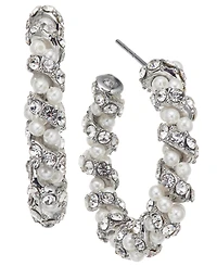 Charter Club Silver-Tone Medium Pave & Imitation Pearl Open Hoop Earrings, 1.12", Created for Macy's