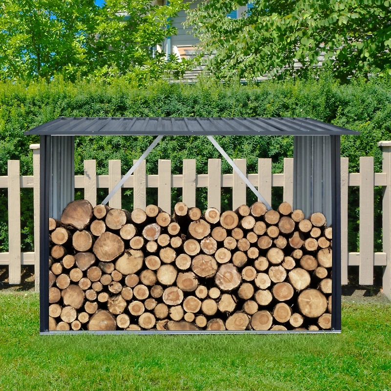 Outdoor Steel Firewood Rack, Open Wood Shed with Sloped Roof for Firewood, Pellet, or Lumber Storage, Black