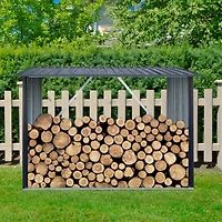 Outdoor Steel Firewood Rack, Open Wood Shed with Sloped Roof for Firewood, Pellet, or Lumber Storage, Black