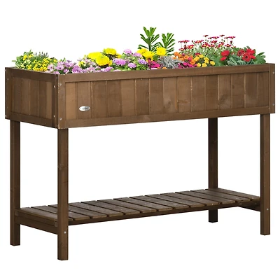 43x18x30in Raised Garden Bed with 8 Pockets and Shelf, Wooden Elevated Planter Box with Legs to Grow Herbs, Vegetables, and Flowers, Dark Brown
