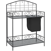 Folding Potting Bench Table, Metal Garden Workstation, Work Bench with Large Build-In Bag with Cover, 5 Hanging Hooks & Storage Shelf, Flourishes