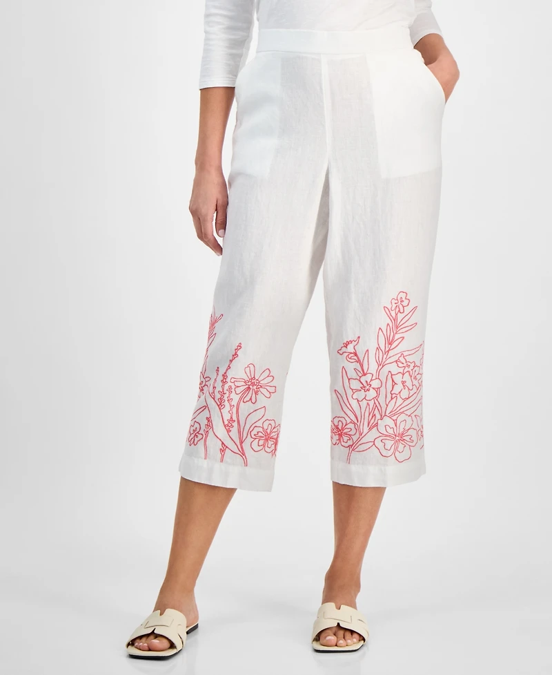 Charter Club Petite 100% Linen Embroidery Crop Pants, Exclusively at Macy's
