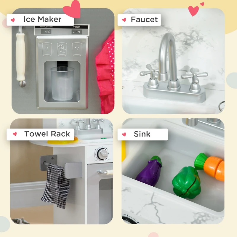 Play Kitchen Set for Kids, Kids Kitchen Playset with Lights Sounds, Apron and Chef Hat, Ice Maker, Microwave, Towel Rack, Utensils, Range Hood, Fun wi