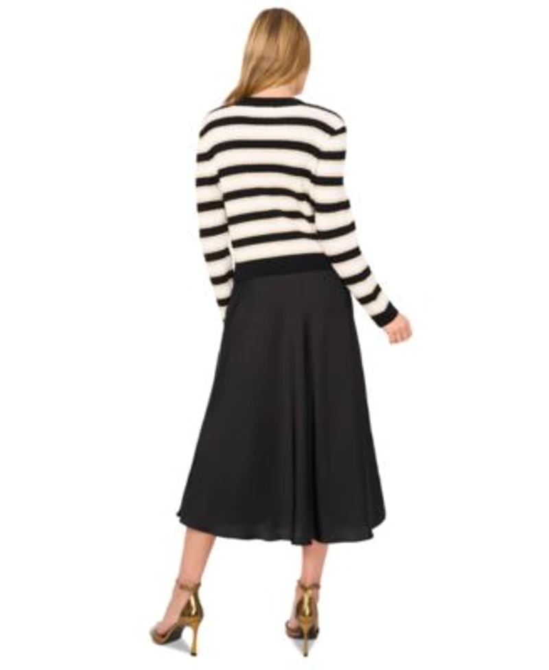 Cece Womens Striped Cardigan Sweater Satin Midi Skirt