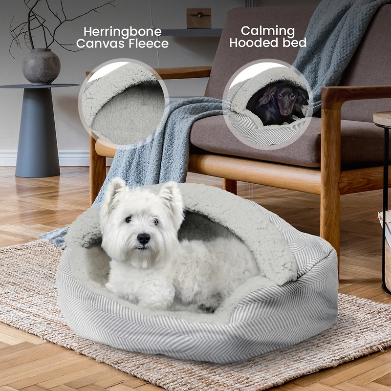 Details Pet Cave Bed, Calming Hooded Dog Bed with Pouch for Small Dogs and Cats