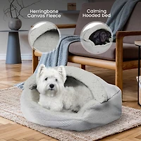 Details Pet Cave Bed, Calming Hooded Dog Bed with Pouch for Small Dogs and Cats