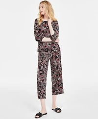 Jones New York Womens Printed Moss Crepe Button Shoulder Top Wide Leg Pull On Pants