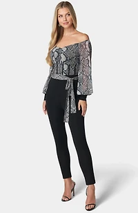bebe Women's Printed Mesh Off Shoulder Catsuit