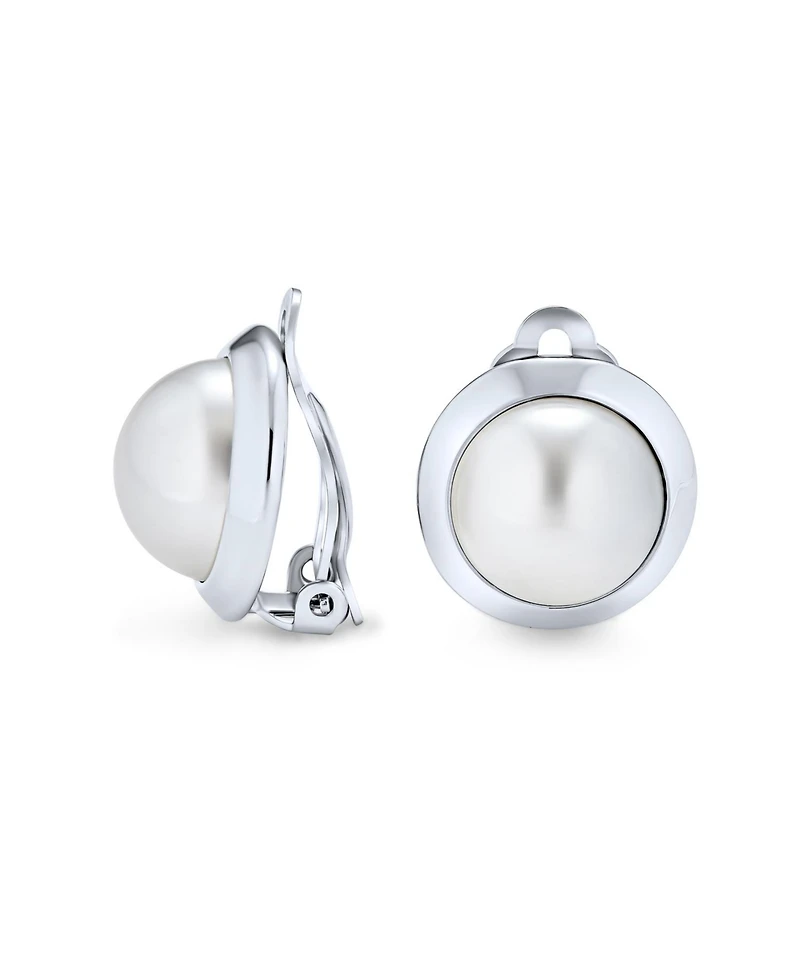 Bling Jewelry Simple Button Style Round Dome Bezel Pearl Clip-On Earrings Silver Plated Brass